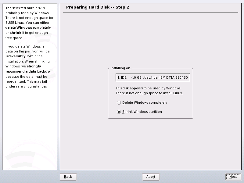 Возможные параметры для разделов с Windows