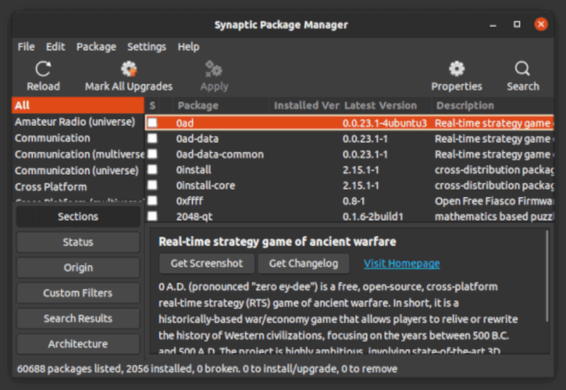 Графическая оболочка Synaptic системы управления программными пакетами APT