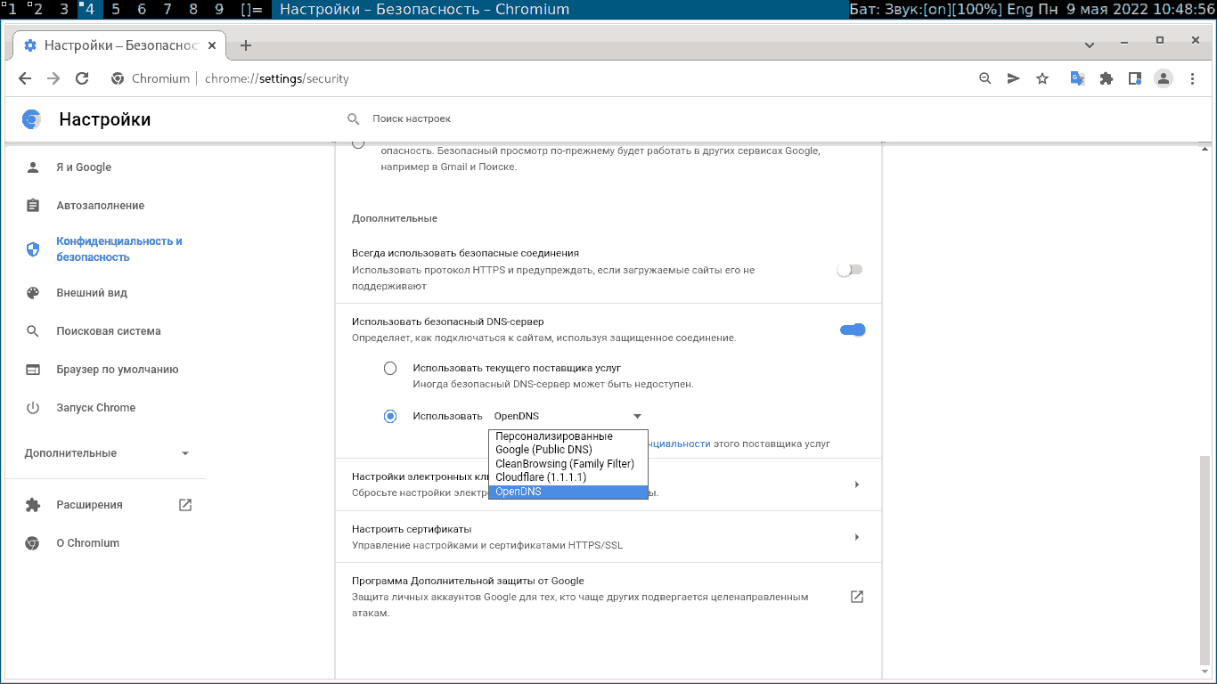 Выбор поставщика услуг DNS в Chromium