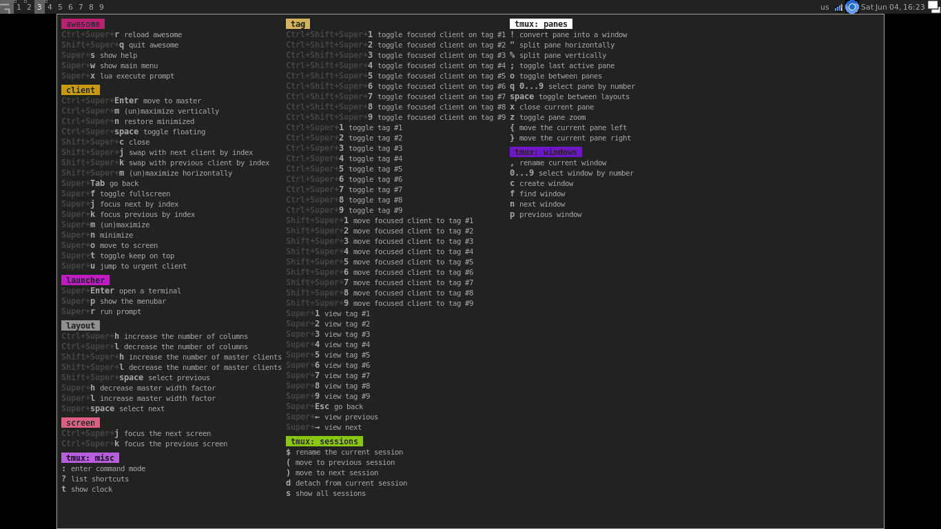Тайловый оконный менеджер Linux Awesome, список горячих клавиш