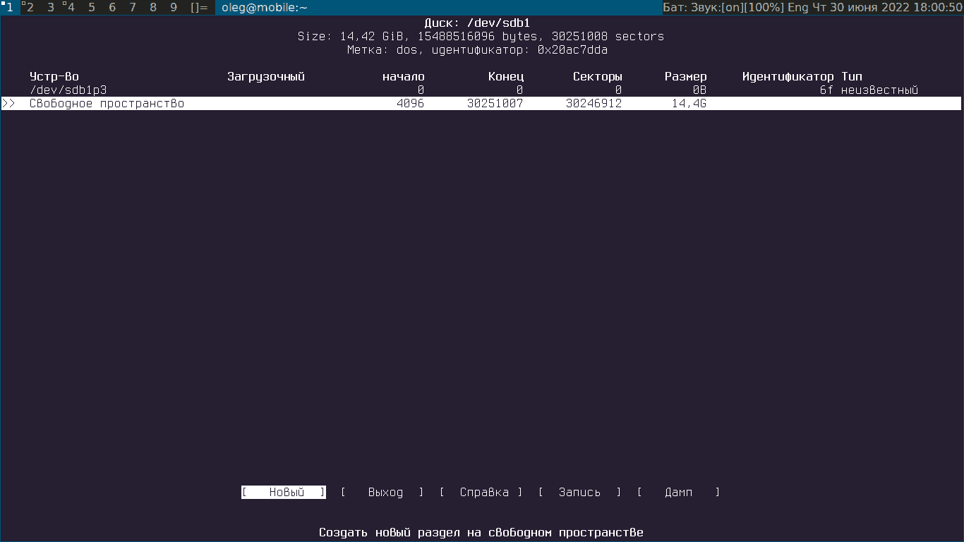 Утилита cfdisk в Linux, диск с удалённой таблицей разделов