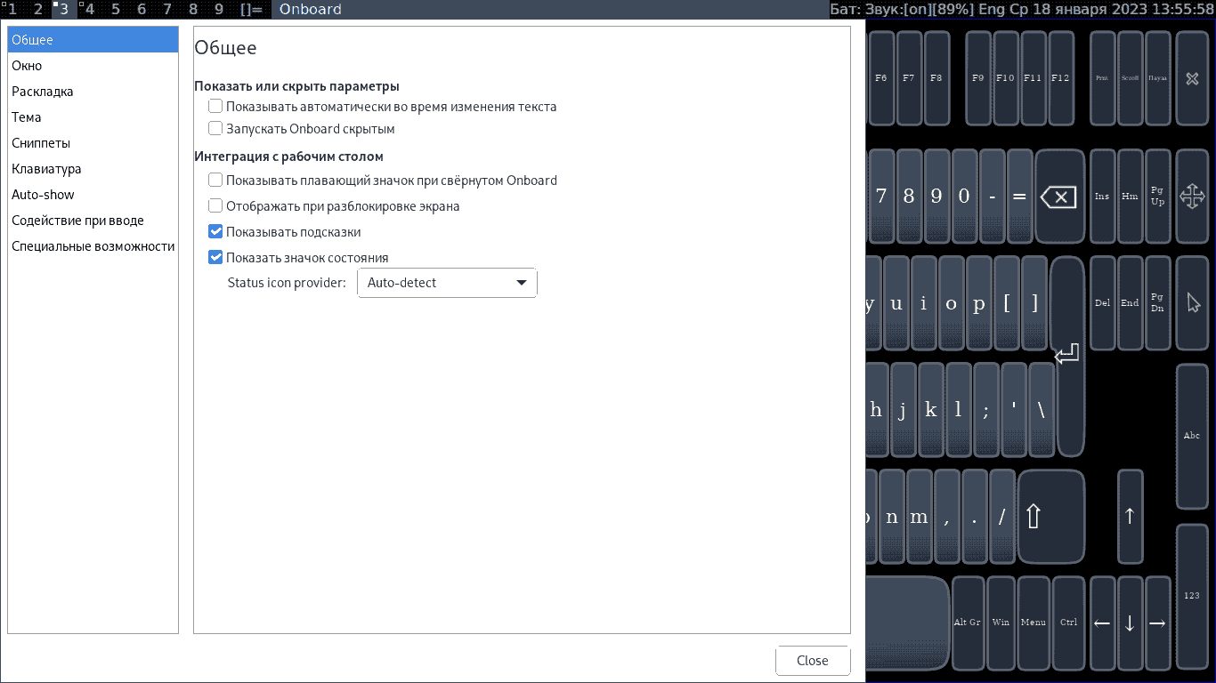 Экранная клавиатура Onboard, вкладки Общие