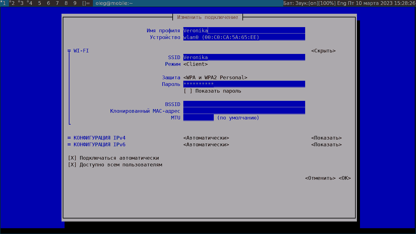 Настройка сети в Linux утилитой nmtui, выбор интерфейса для настройки
