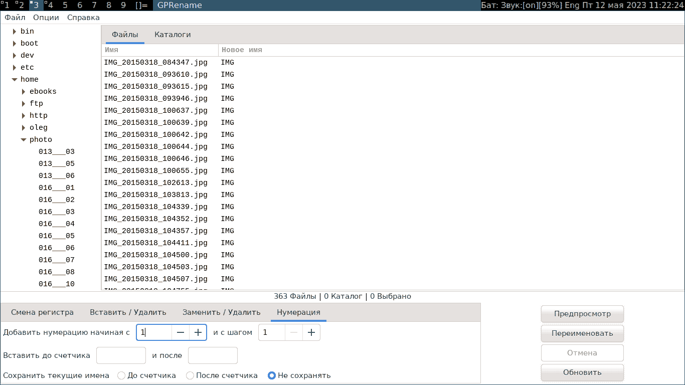 Групповое переименование файлов программой GPRename, добавление нумерации к именам файлов