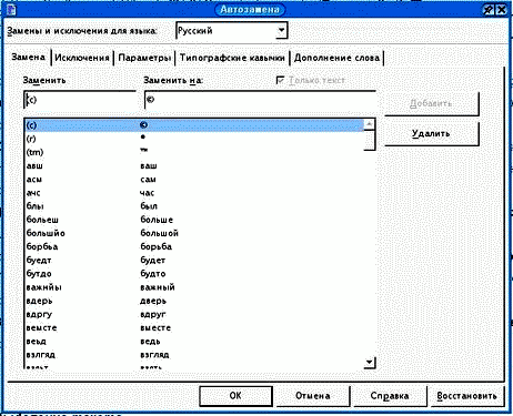 Диалоговое окно Автозамена/Автоформат