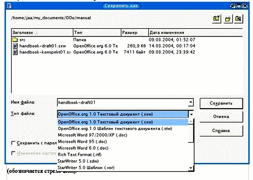 Диалоговое окно сохранения документа